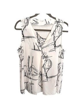 Ecru Sleeveless Silk Blouse White Black Graphic Nude Silhouettes Sz M READ